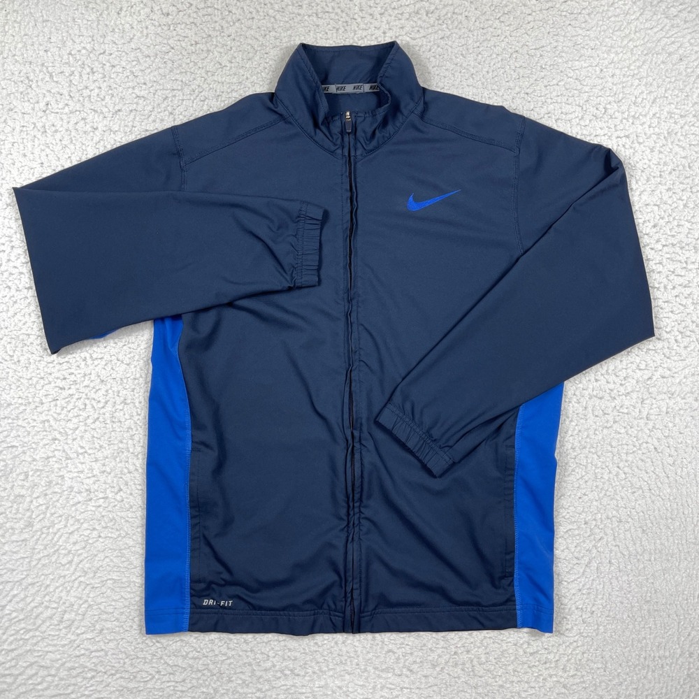 Nike Track Jacket Mens Large Blue Dri-FIT Full Zip Mock Neck Athletic Sporty